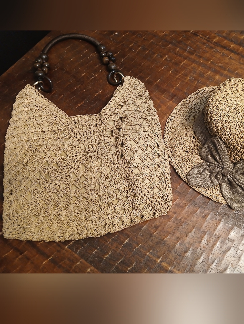 Tan Paper Straw Hat And Bag